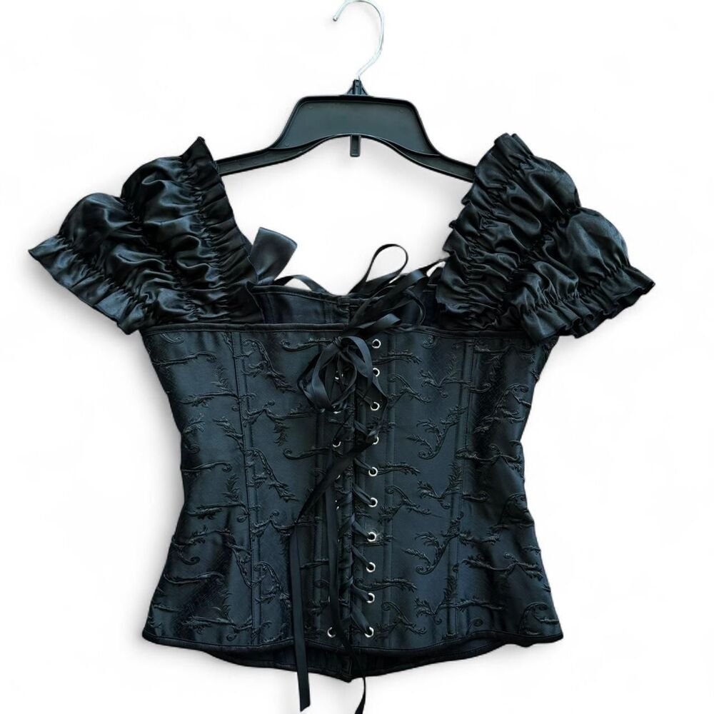 Luxurious Vintage-Inspired Gothic Corset Top – Satin Sleeves, Embroidered Detail - Picture 8 of 9